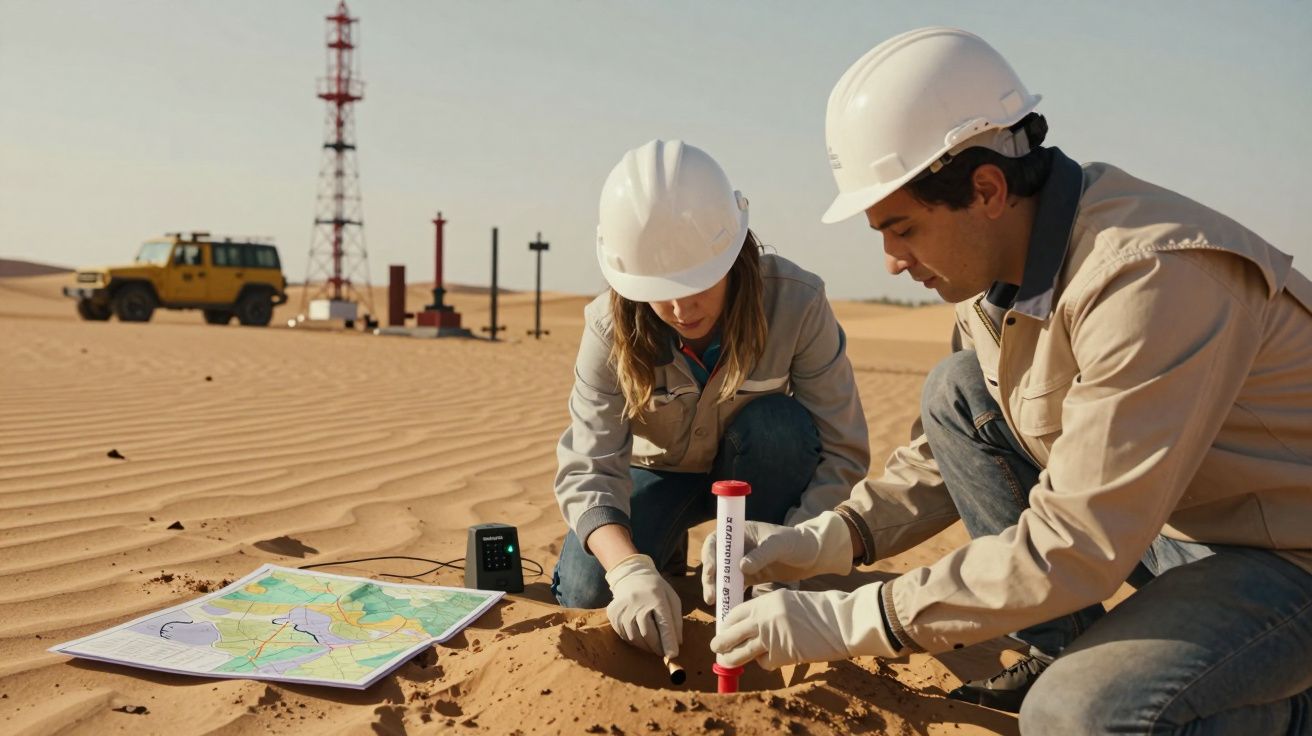 Duas pessoas com capacetes e mapas fazem medições no deserto, ao lado de um jipe e torre de perfuração.