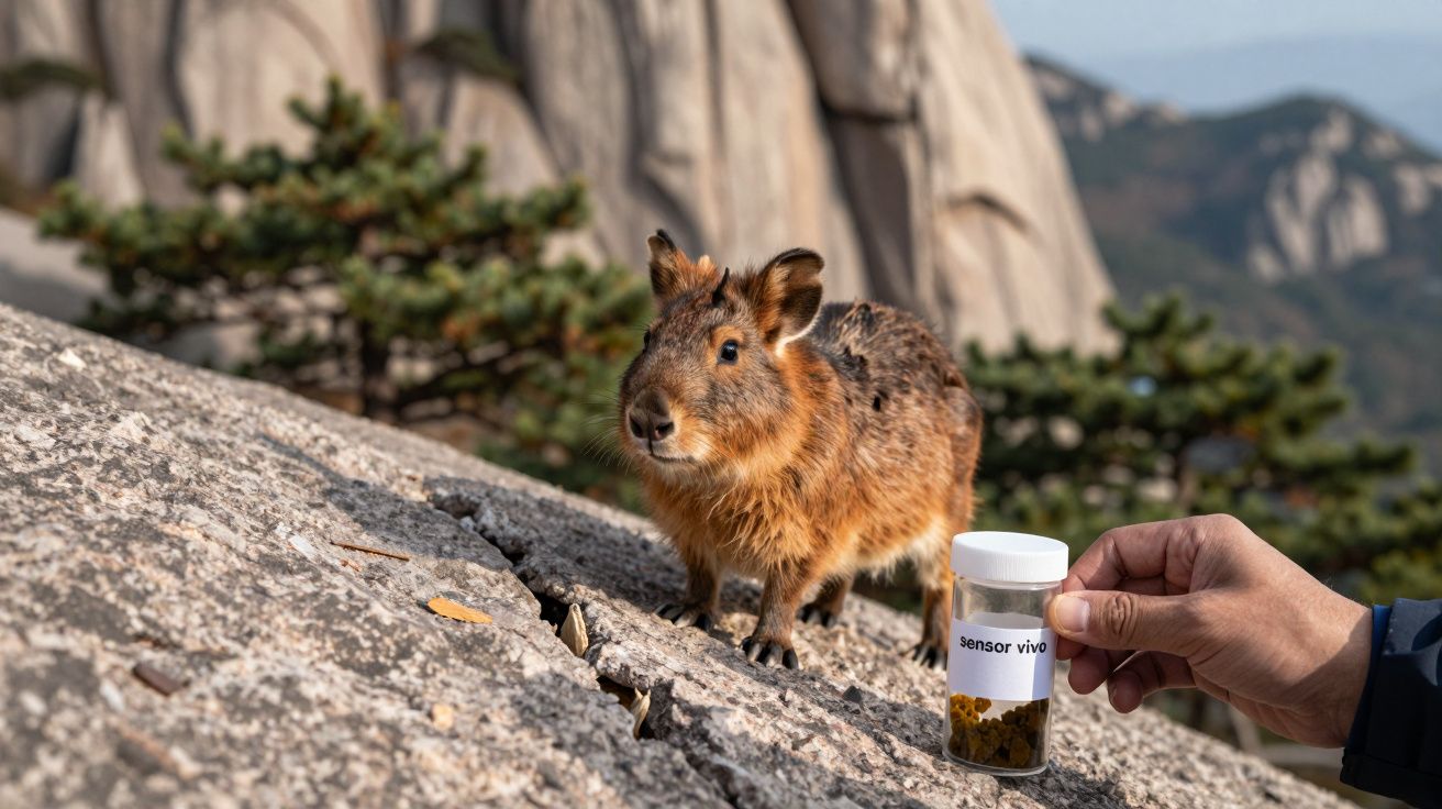 Roedor em pedra, com montanhas ao fundo, e uma mão segurando um frasco rotulado "sensor vivo".