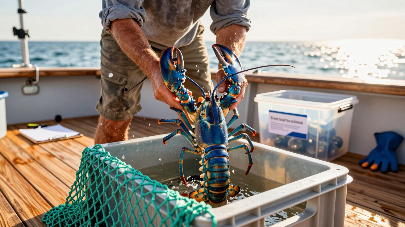Homem segura uma lagosta azul sobre um tanque num barco de pesca, com mar ao fundo.