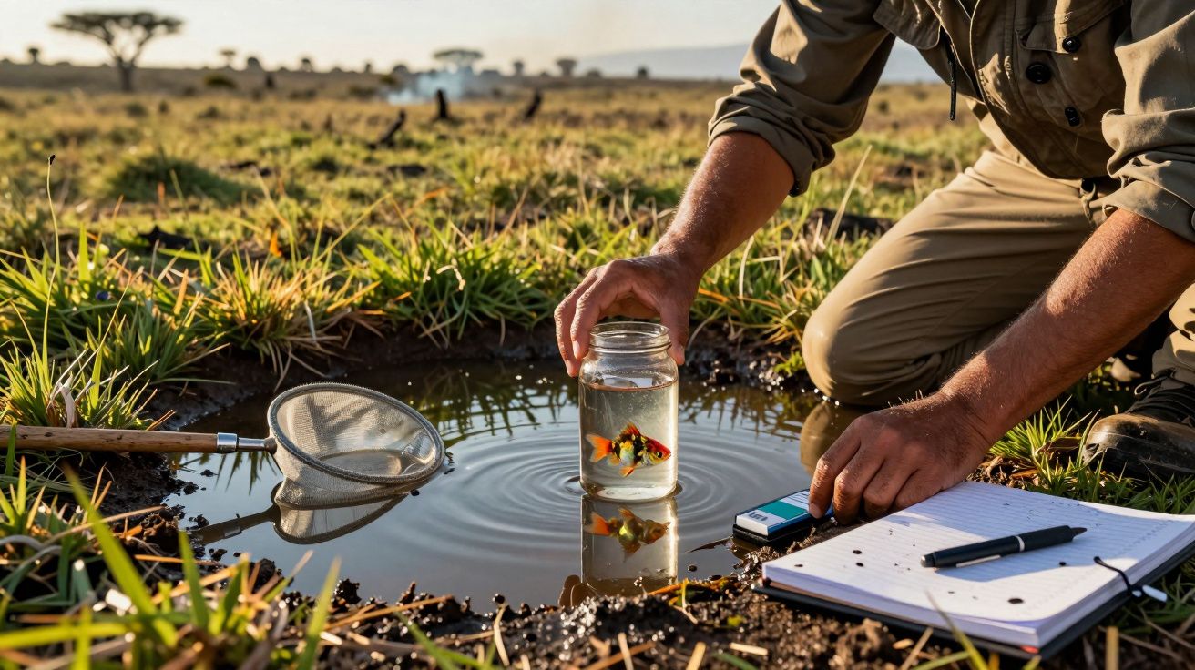 Pessoa examina peixe em jarro de vidro, numa poça de água, com caderno e rede por perto, em ambiente de savana.