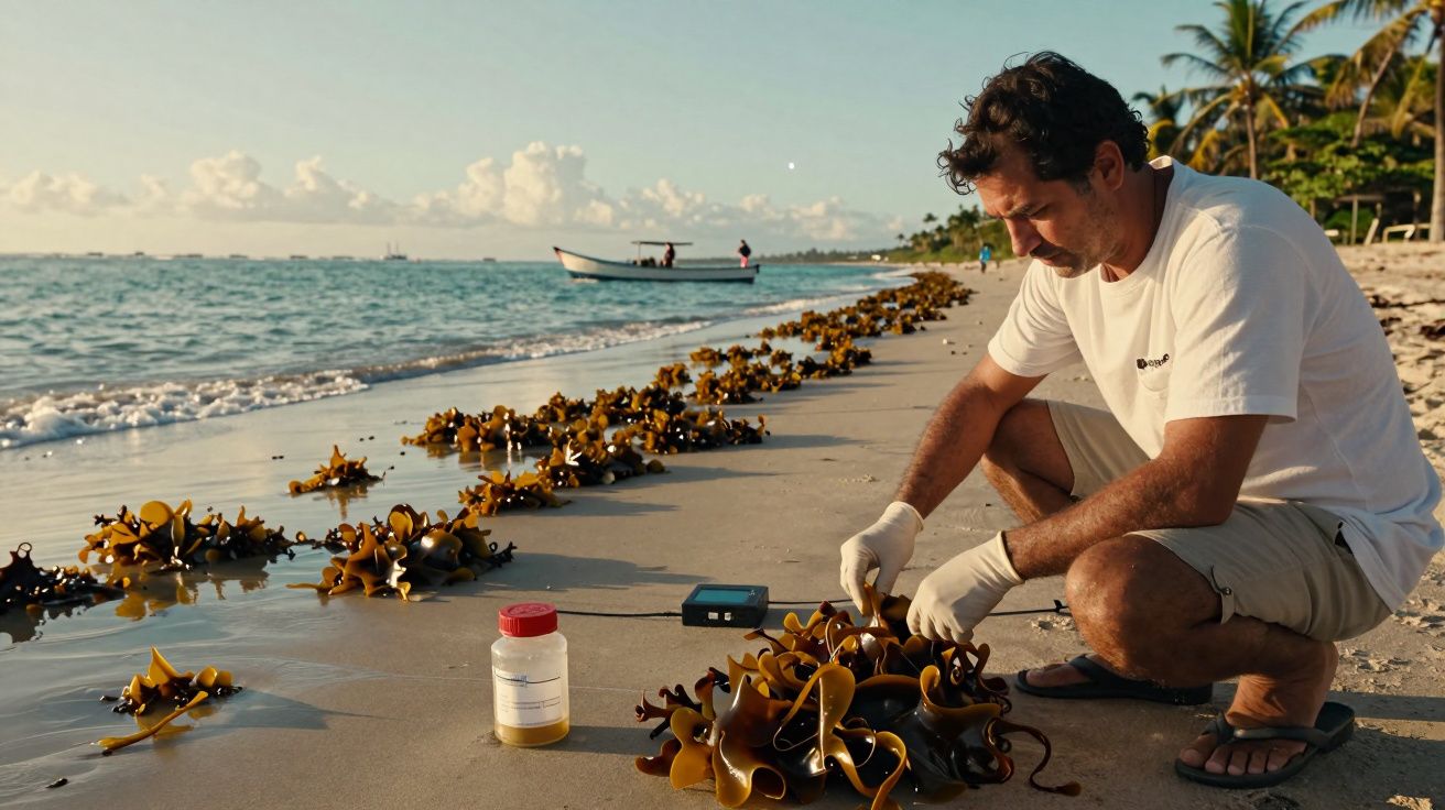 Homem recolhe algas na praia, próximo ao mar. Barco ao fundo e palmeiras na margem.