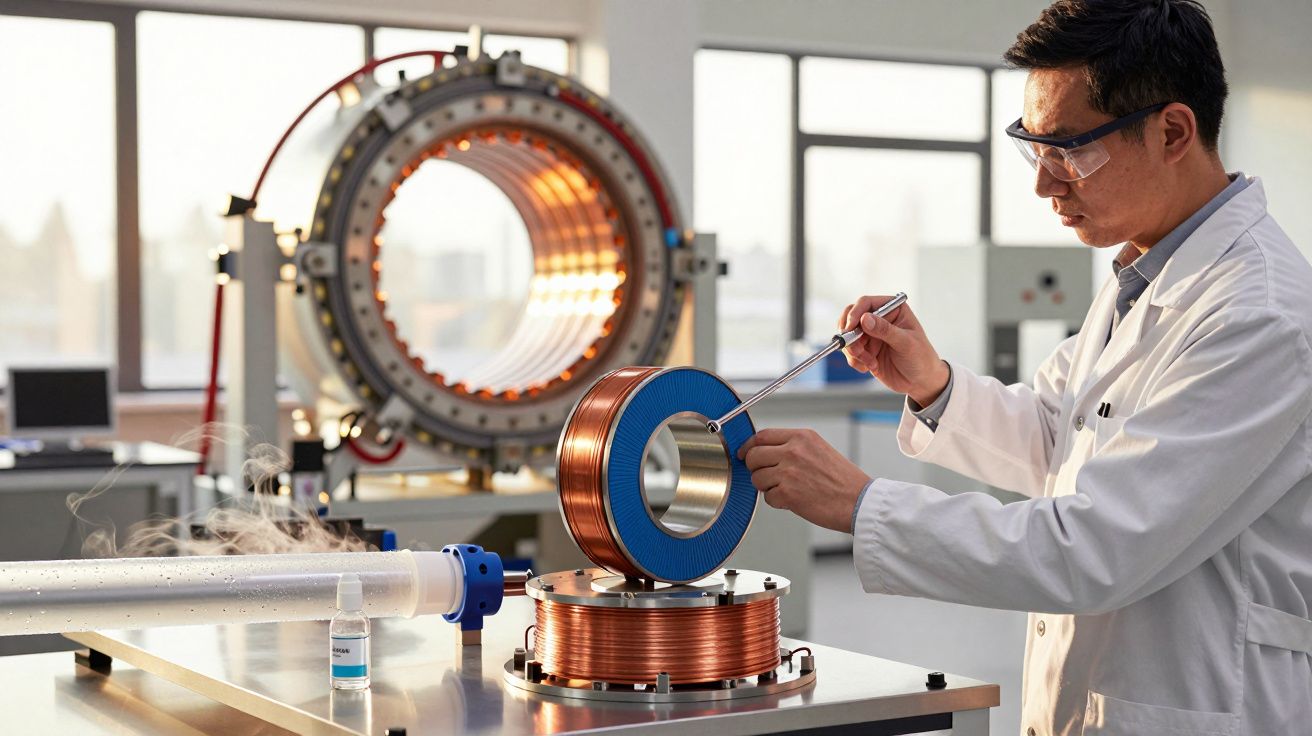 Cientista em laboratório manuseia equipamento com bobinas de cobre, usando bata branca e óculos de proteção.