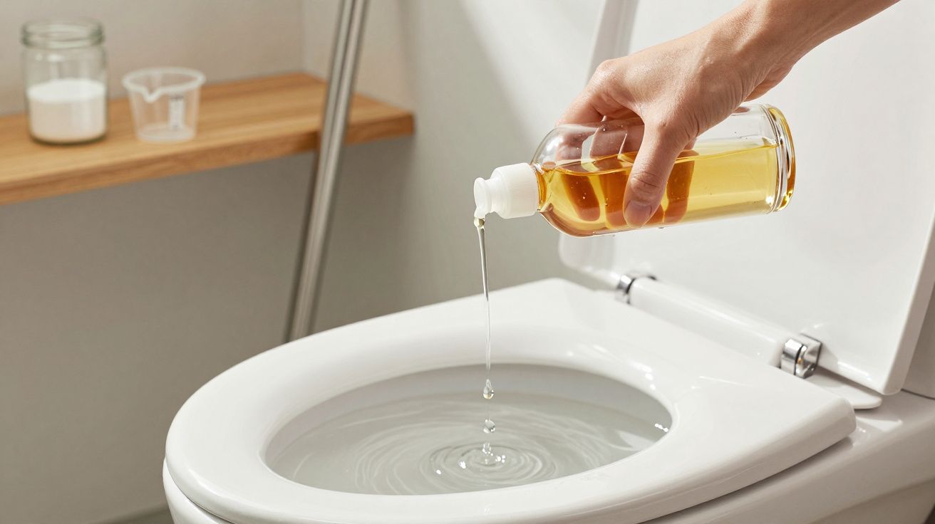 Mão a despejar líquido de limpeza num vaso sanitário branco.