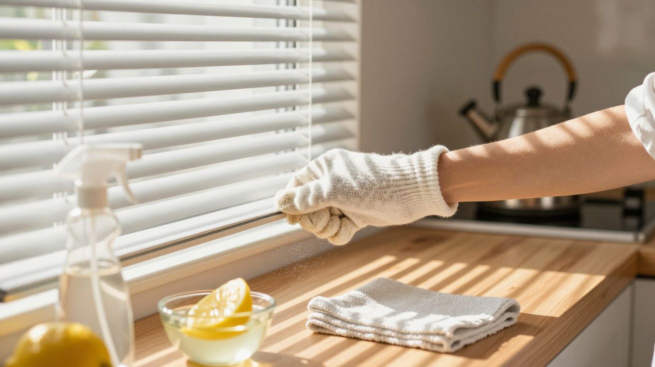 Mão de luva branca limpa estore de persiana junto a uma janela com limão, toalha e spray sobre o balcão de madeira.