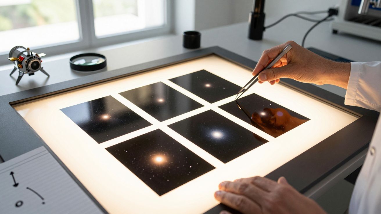 Pessoa analisa imagens de estrelas num painel iluminado.