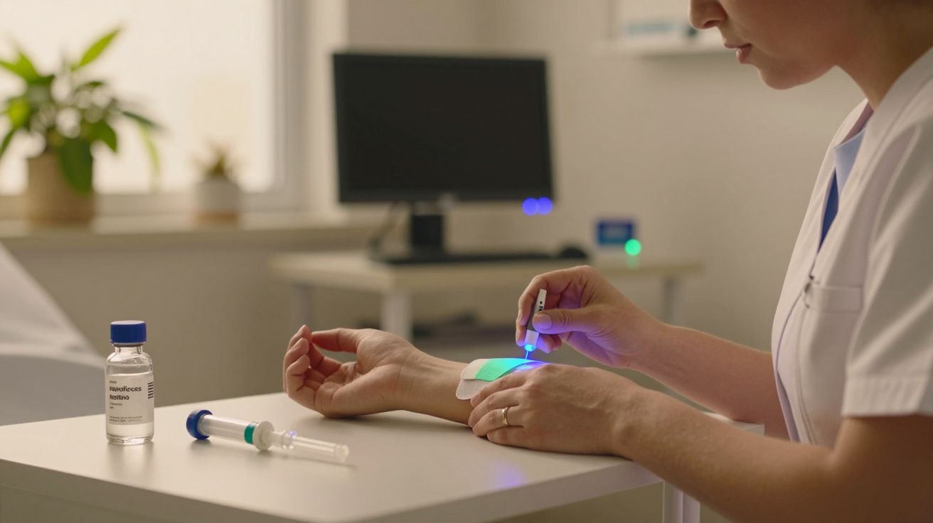 Profissional de saúde aplica tratamento a laser no pulso de um paciente, com seringa e frasco ao lado.