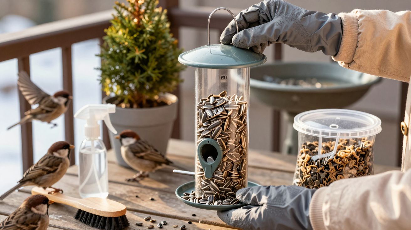 Pessoa enche comedouro de pássaros com sementes, rodeada por pardais num terraço.
