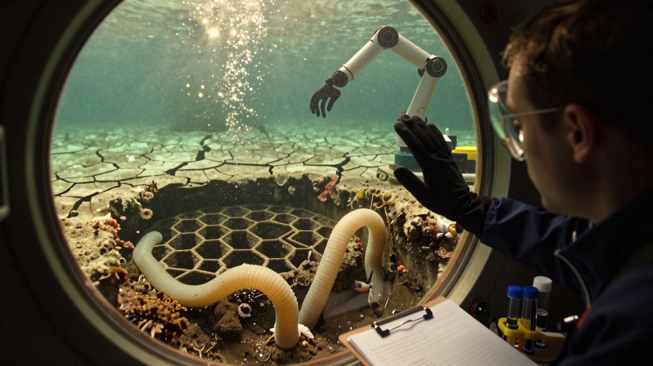 Pessoa observa robô e minhoca através de janela circular subaquática, com prancheta e tubos de ensaio ao lado.