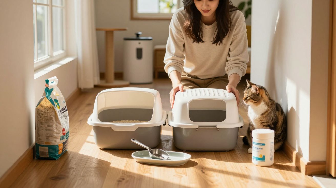 Mulher montando duas caixas de areia para gato, com gato ao lado e produtos de limpeza no chão iluminado pelo sol.