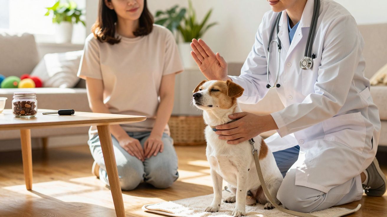 Veterinário examina cão numa sala, enquanto a dona observa sentada no chão.
