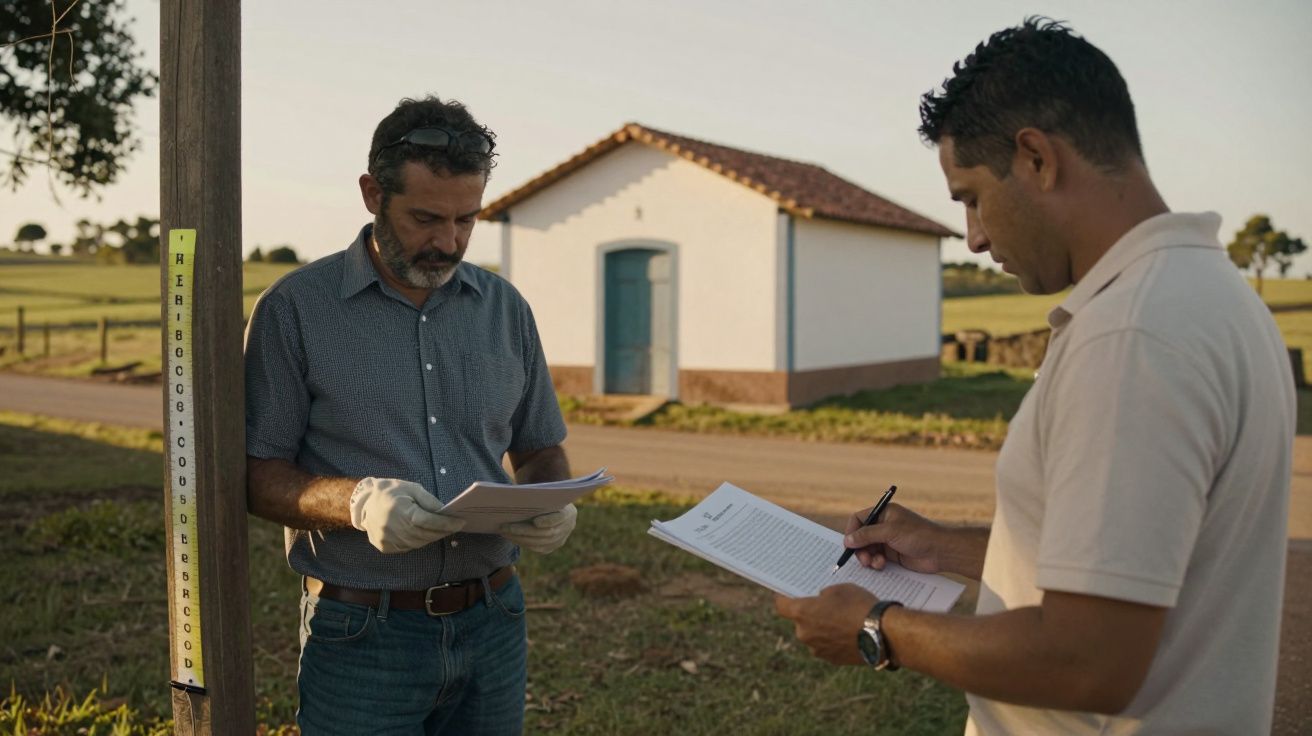 Dois homens em frente a uma casa rural revisam documentos perto de um poste à beira de uma estrada.
