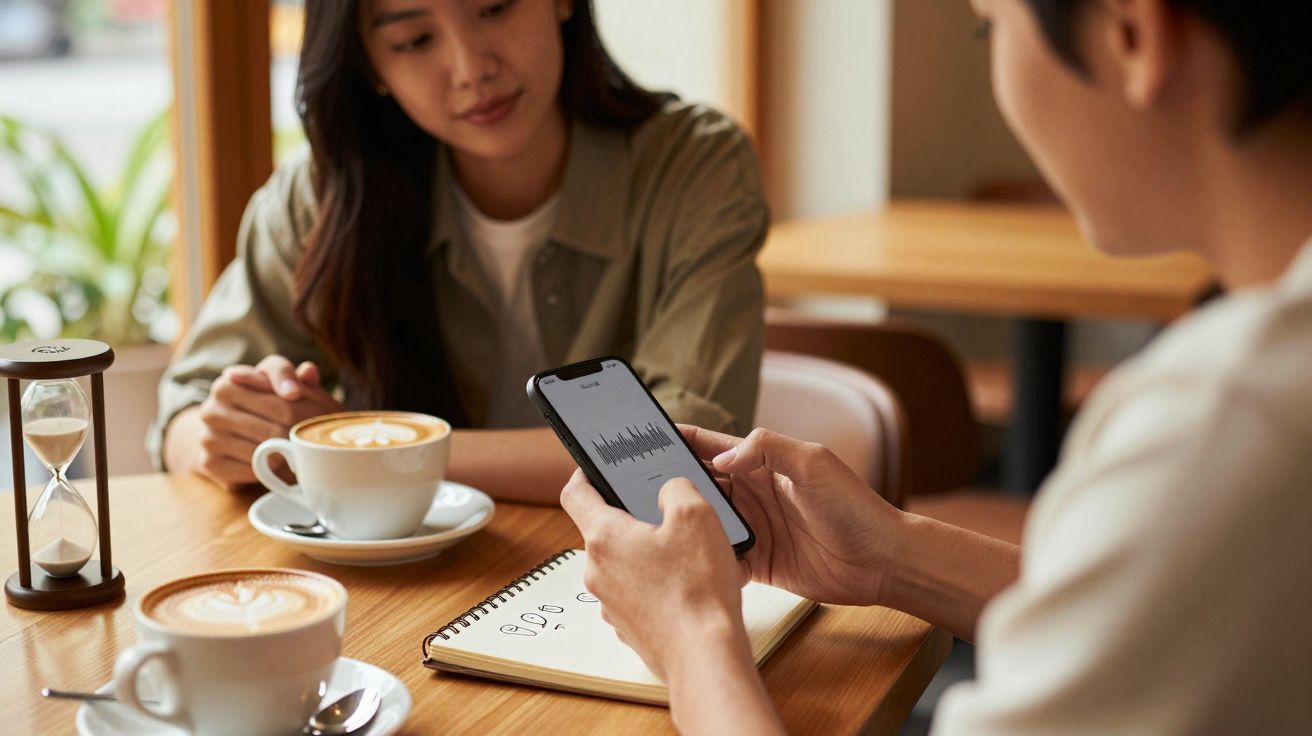 Duas pessoas numa mesa de café, uma a segurar um smartphone, outra a olhar para um bloco de notas com uma bebida à frente.