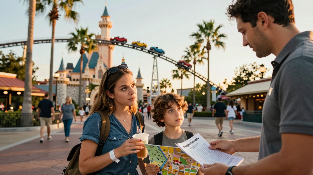 Família consulta mapa em parque de diversões, ao fundo castelo e montanha-russa ao entardecer.