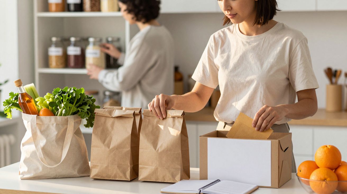 Mulher embala sacos de papel em cozinha, com sacola de compras ao lado, enquanto outra mulher organiza frascos ao fundo.