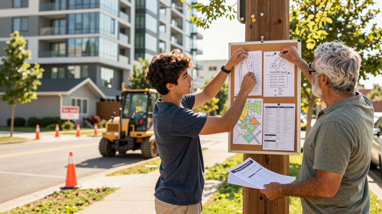 Dois homens consultam um mapa num quadro de avisos ao lado de uma rua com cones laranja, edifícios ao fundo.