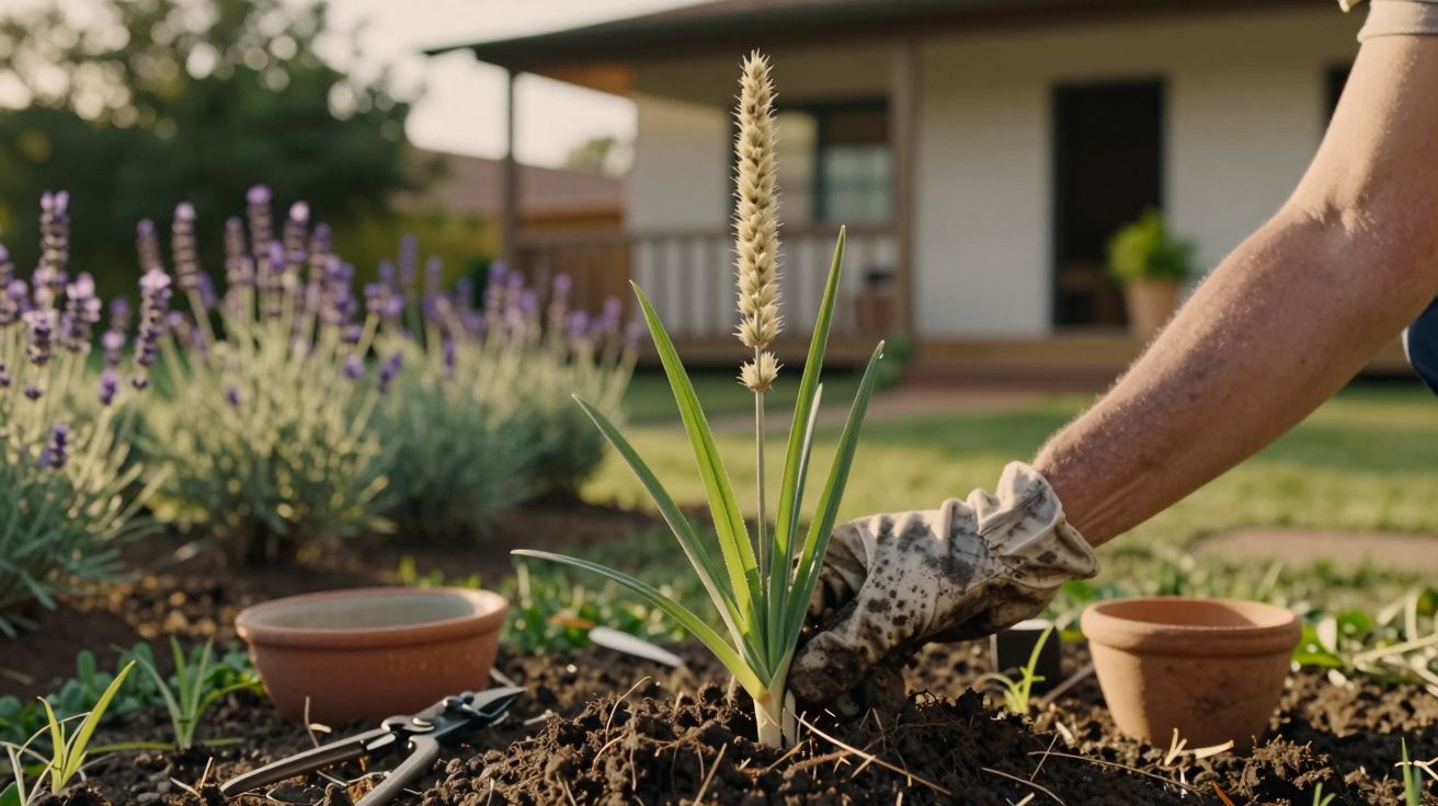 Pessoa a plantar uma flor num jardim, com vasos e ferramentas ao redor, casa ao fundo.