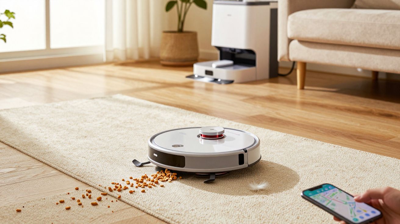 Aspirador robô a limpar migalhas no tapete, enquanto é controlado por smartphone.