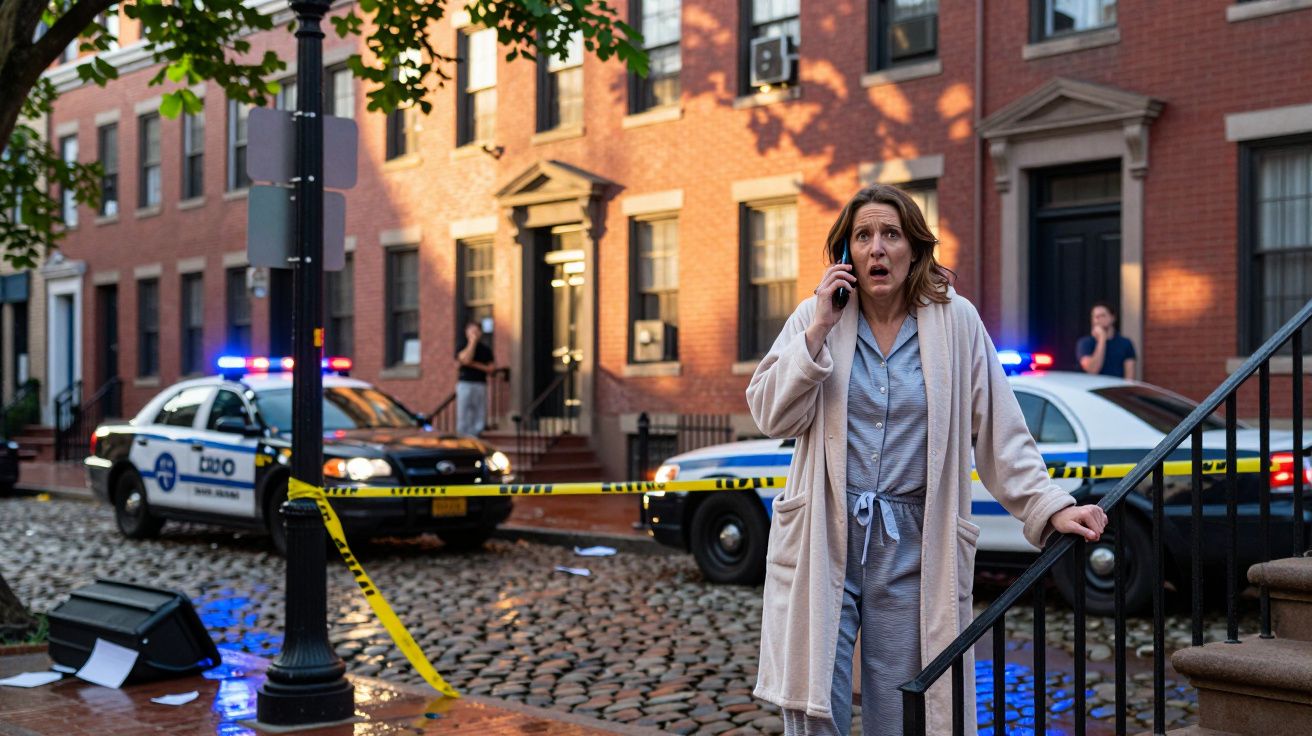 Mulher em roupa de dormir, preocupada ao telefone, em frente a uma cena de crime com carros da polícia e fita amarela.