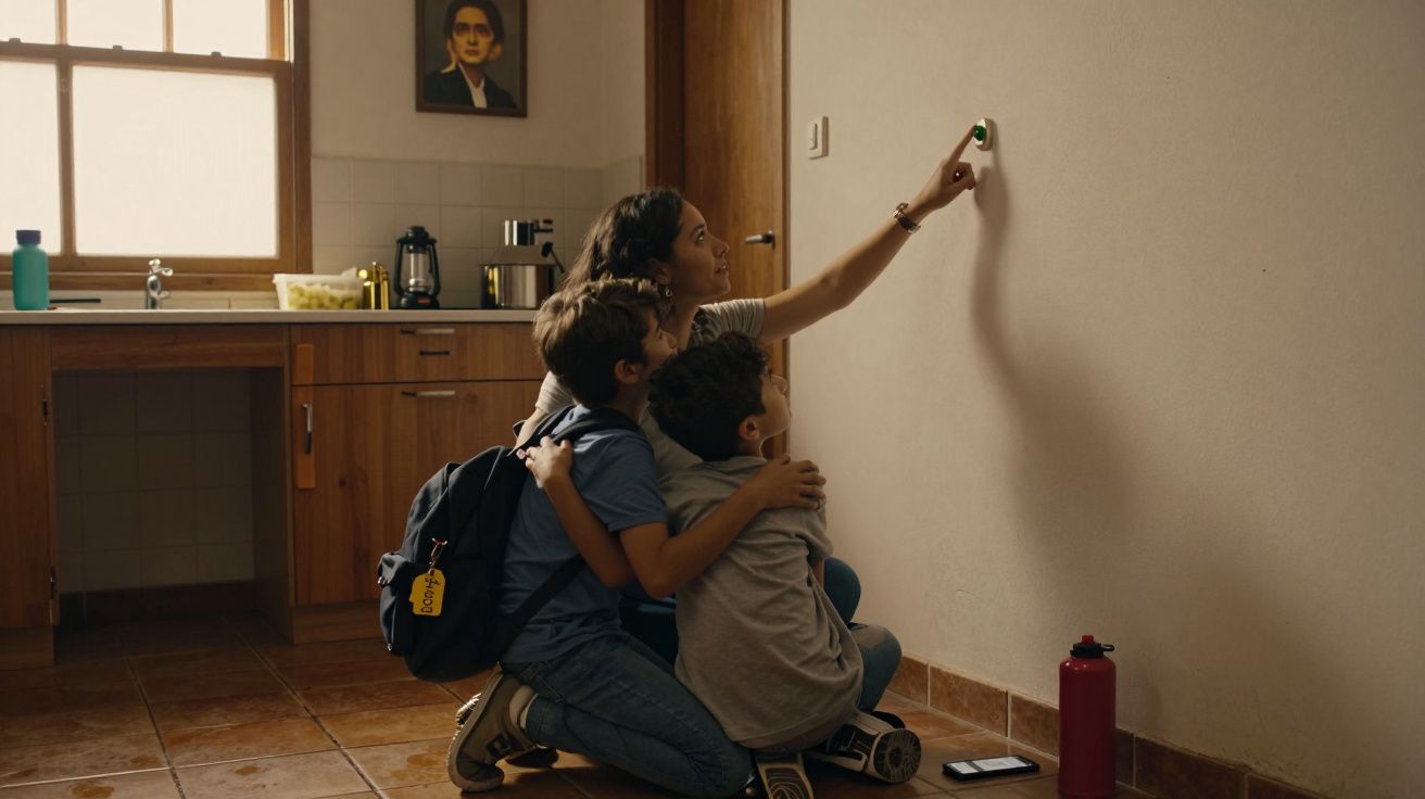 Mulher e duas crianças ajoelhadas no chão de uma cozinha, apontando para algo na parede.