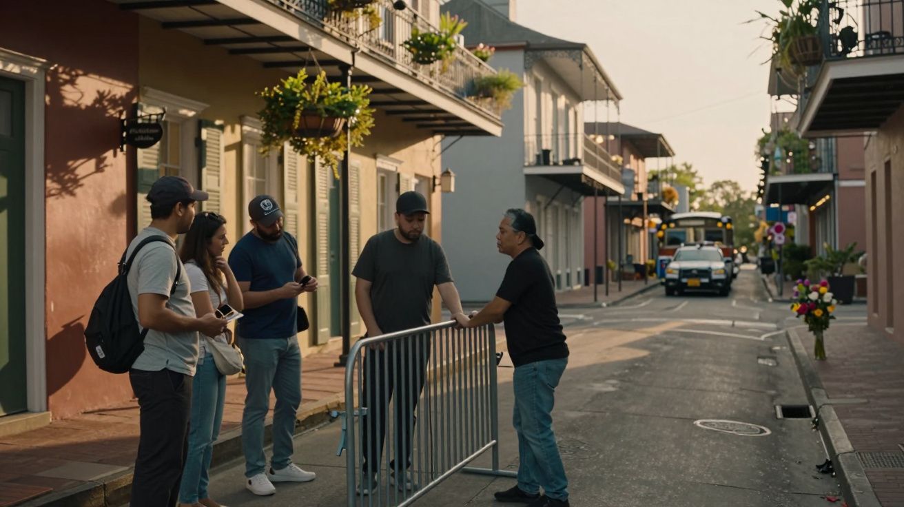 Cinco pessoas conversam numa rua com edifícios históricos, ao lado de uma barreira metálica.