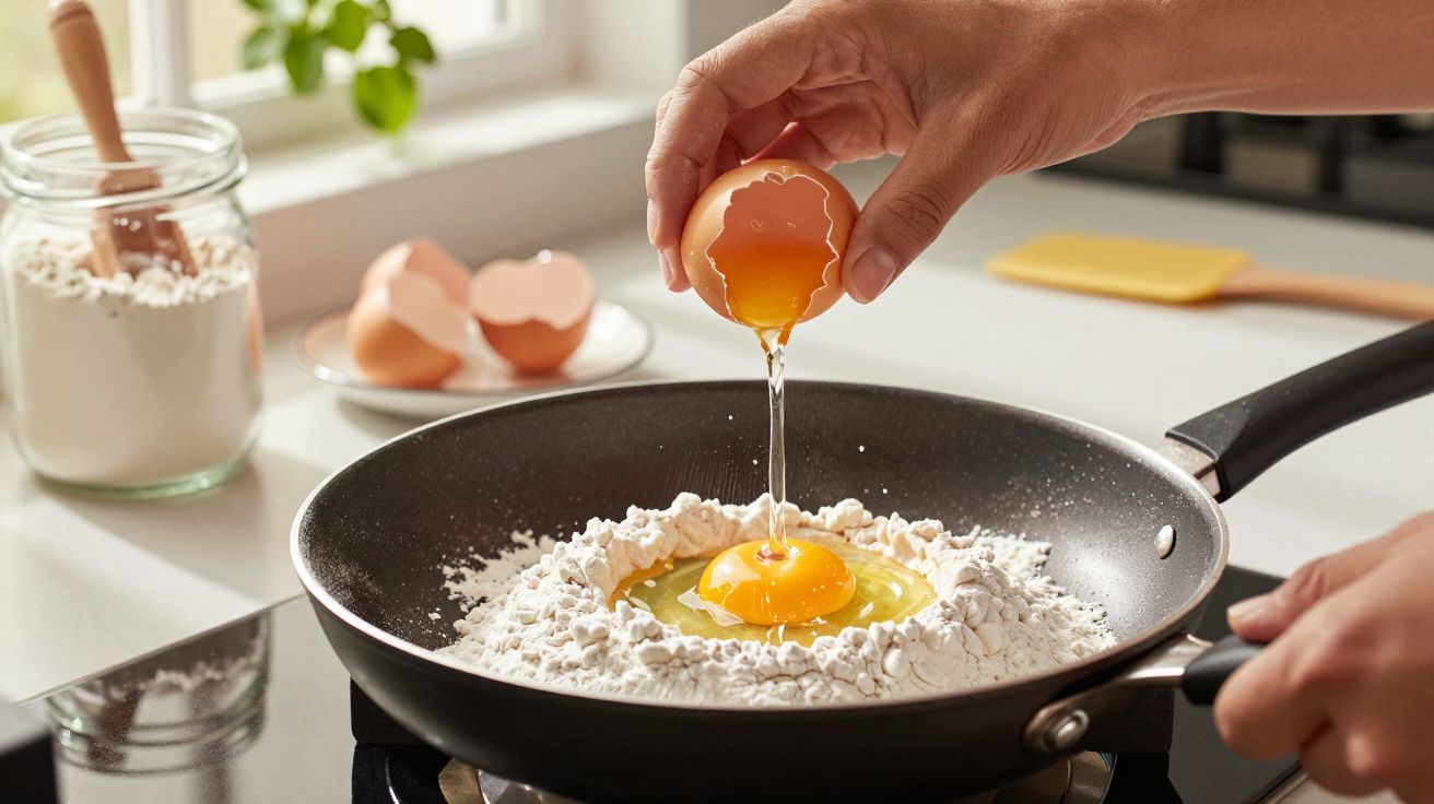 Pessoa a quebrar ovo numa frigideira com farinha na cozinha.
