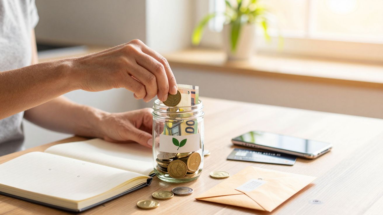 Pessoa a colocar moedas num frasco transparente em cima de uma mesa com caderno, telemóvel e envelope.