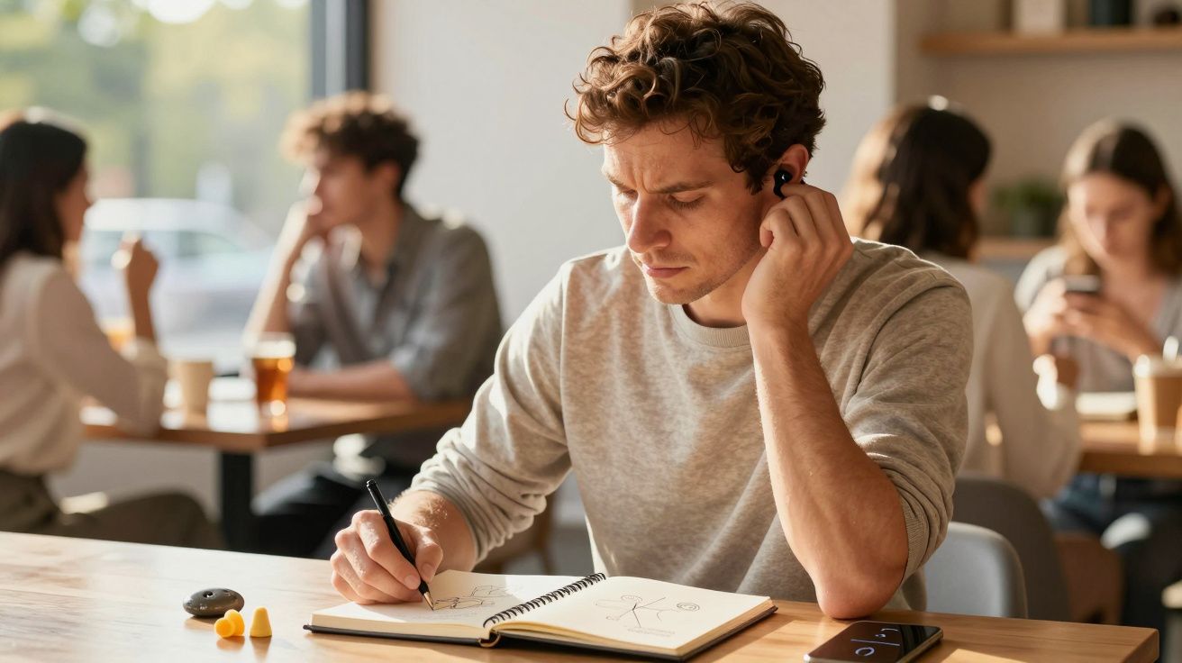 Homem concentrado a desenhar num caderno num café, usando auriculares. Outras pessoas ao fundo a conversar.