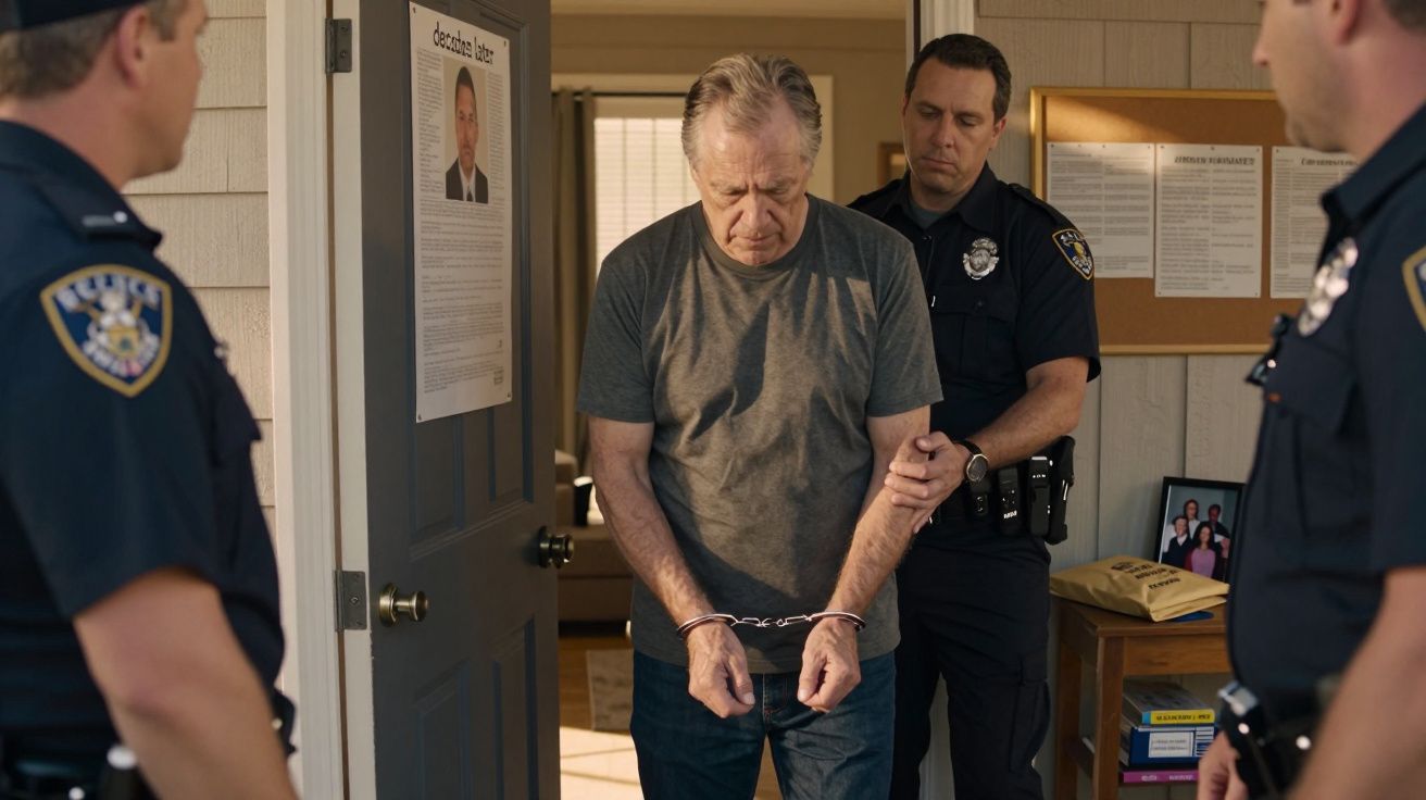 Homem idoso algemado é escoltado pela polícia numa sala com mesas e quadros de avisos ao fundo.