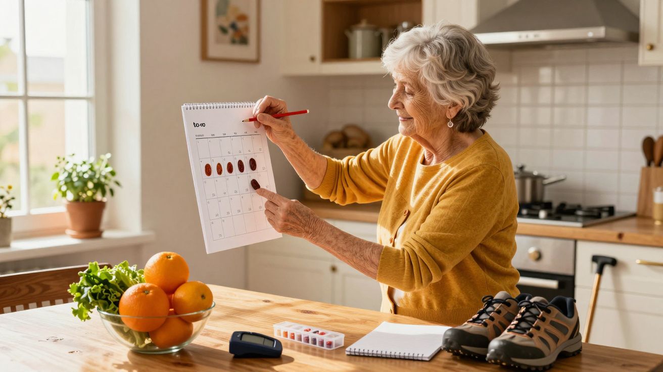 Idosa a marcar um calendário na cozinha com fruta na mesa.