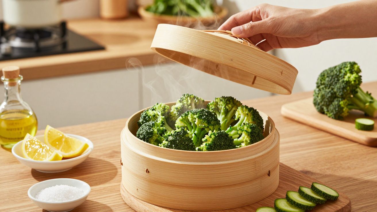 Brócolos a serem cozidos a vapor numa panela de bambu, com limões e sal ao lado numa cozinha.